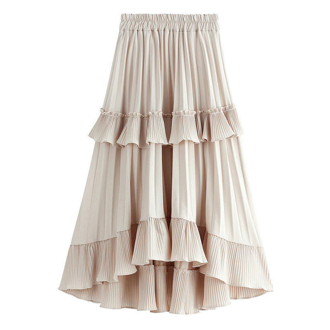 Womens Elastic High Waist Flowy Pleated Skirt Swing A-line Layered Ruffle Midi Skirt