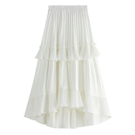 Womens Elastic High Waist Flowy Pleated Skirt Swing A-line Layered Ruffle Midi Skirt