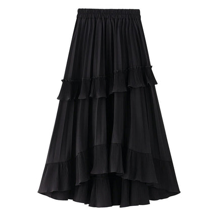 Womens Elastic High Waist Flowy Pleated Skirt Swing A-line Layered Ruffle Midi Skirt