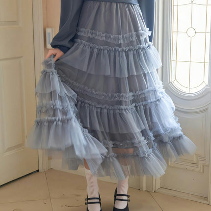 Women's Fairy Elastic High Waist Tiered Ruffle Tulle Midi A-Line Skirt
