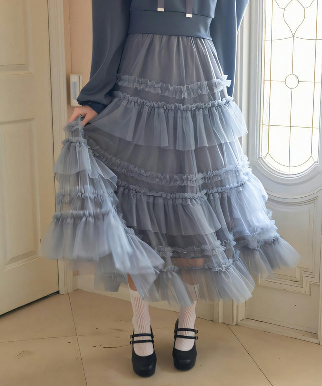 Women's Fairy Elastic High Waist Tiered Ruffle Tulle Midi A-Line Skirt
