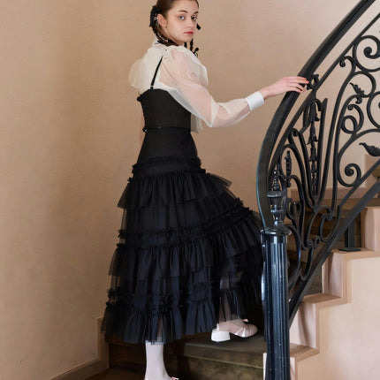 Women's Fairy Elastic High Waist Tiered Ruffle Tulle Midi A-Line Skirt