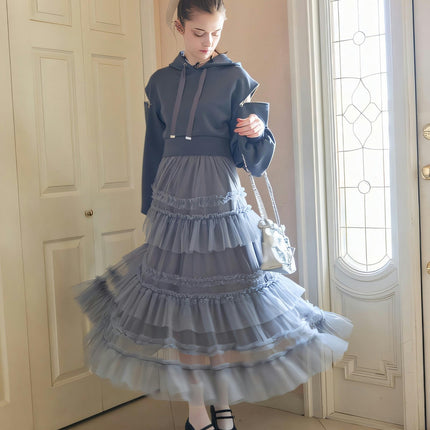 Women's Fairy Elastic High Waist Tiered Ruffle Tulle Midi A-Line Skirt