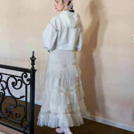 Women's Fairy Elastic High Waist Tiered Ruffle Tulle Midi A-Line Skirt