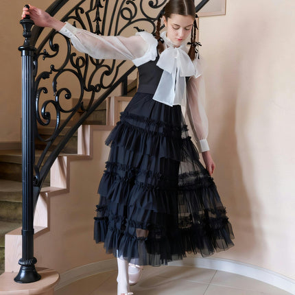 Women's Fairy Elastic High Waist Tiered Ruffle Tulle Midi A-Line Skirt