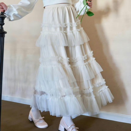 Women's Fairy Elastic High Waist Tiered Ruffle Tulle Midi A-Line Skirt