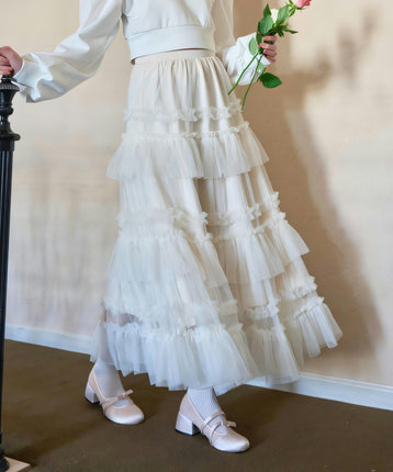 Women's Fairy Elastic High Waist Tiered Ruffle Tulle Midi A-Line Skirt