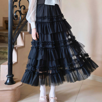 Women's Fairy Elastic High Waist Tiered Ruffle Tulle Midi A-Line Skirt