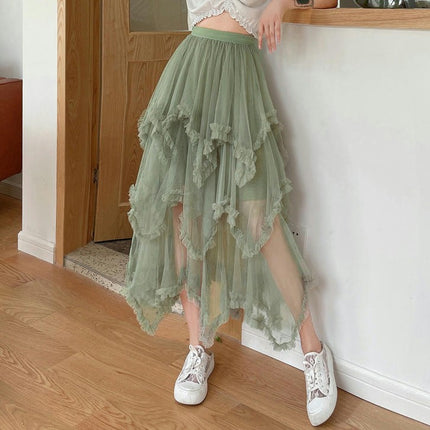 Women's Asymmetrical Tulle Skirts High Waist Ruffle Tiered Tutu Mesh Midi Skirt
