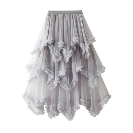Women's Asymmetrical Tulle Skirts High Waist Ruffle Tiered Tutu Mesh Midi Skirt