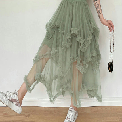 Women's Asymmetrical Tulle Skirts High Waist Ruffle Tiered Tutu Mesh Midi Skirt