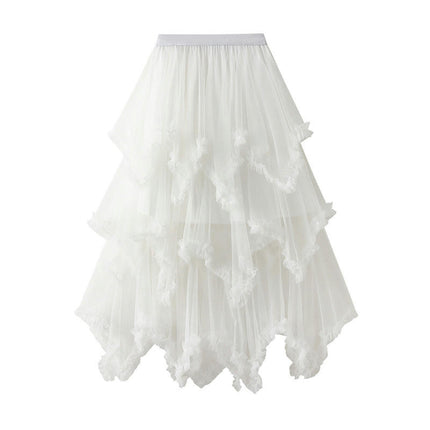 Women's Asymmetrical Tulle Skirts High Waist Ruffle Tiered Tutu Mesh Midi Skirt
