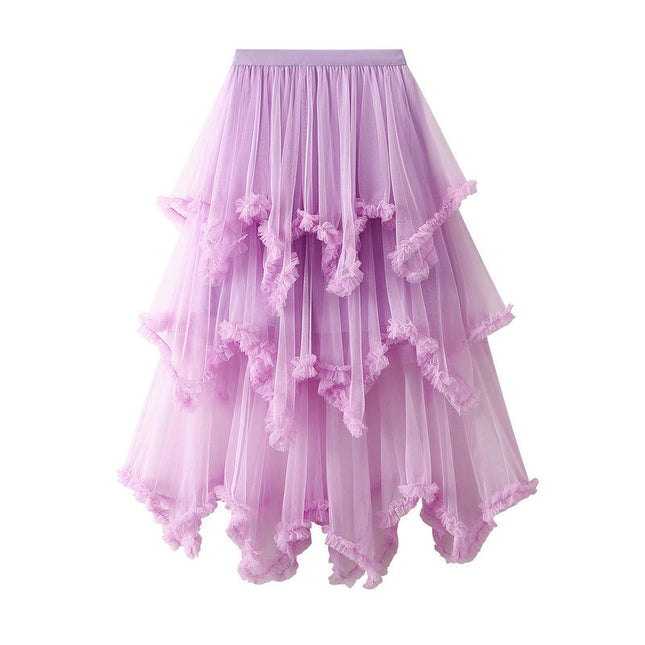 Women's Asymmetrical Tulle Skirts High Waist Ruffle Tiered Tutu Mesh Midi Skirt