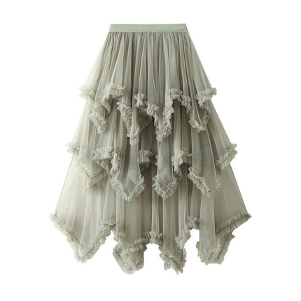 Women's Asymmetrical Tulle Skirts High Waist Ruffle Tiered Tutu Mesh Midi Skirt