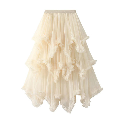 Women's Asymmetrical Tulle Skirts High Waist Ruffle Tiered Tutu Mesh Midi Skirt