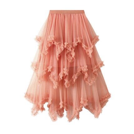 Women's Asymmetrical Tulle Skirts High Waist Ruffle Tiered Tutu Mesh Midi Skirt