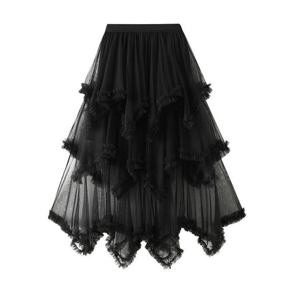 Women's Asymmetrical Tulle Skirts High Waist Ruffle Tiered Tutu Mesh Midi Skirt