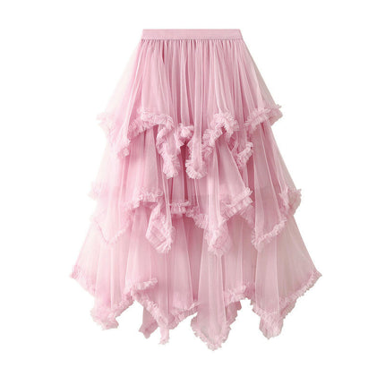 Women's Asymmetrical Tulle Skirts High Waist Ruffle Tiered Tutu Mesh Midi Skirt