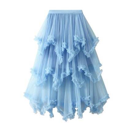 Women's Asymmetrical Tulle Skirts High Waist Ruffle Tiered Tutu Mesh Midi Skirt