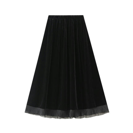 Women¡¯s Elastic High Waist Pleated Skirt A Line Swings Midi Velvet Skirts