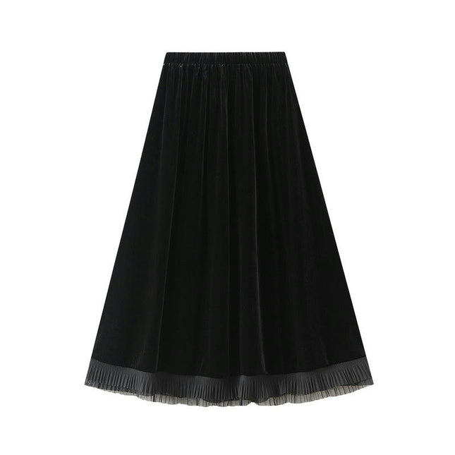 Women¡¯s Elastic High Waist Pleated Skirt A Line Swings Midi Velvet Skirts