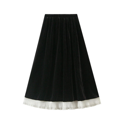 Women¡¯s Elastic High Waist Pleated Skirt A Line Swings Midi Velvet Skirts