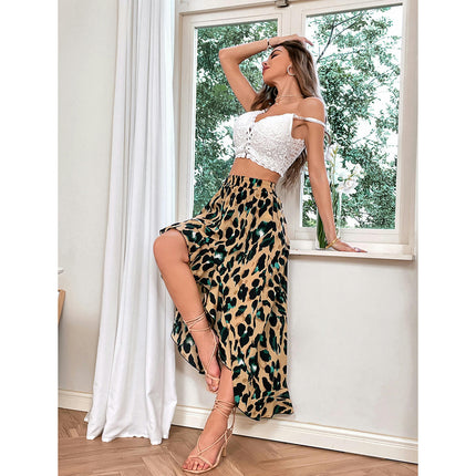 Women's Print Elastic Waist High Low Ruffle Hem Casual Long Maxi Skirt