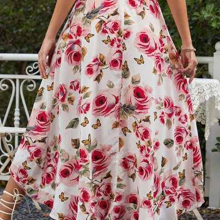 Women's Print Elastic Waist High Low Ruffle Hem Casual Long Maxi Skirt