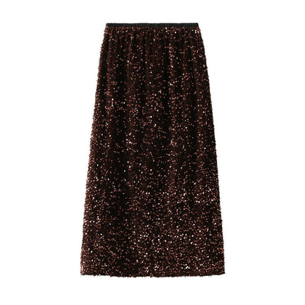 Women's Sequin Midi Skirt Stretchy High Waist Slit Glitter Pencil Skirt