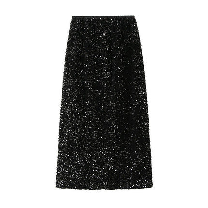 Women's Sequin Midi Skirt Stretchy High Waist Slit Glitter Pencil Skirt