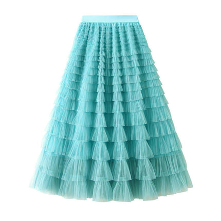 Long Tulle Skirt for Women Trendy High Waisted A Line Fluffy Mesh Layered Ruffle Fairy Skirt