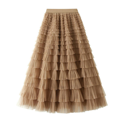 Long Tulle Skirt for Women Trendy High Waisted A Line Fluffy Mesh Layered Ruffle Fairy Skirt