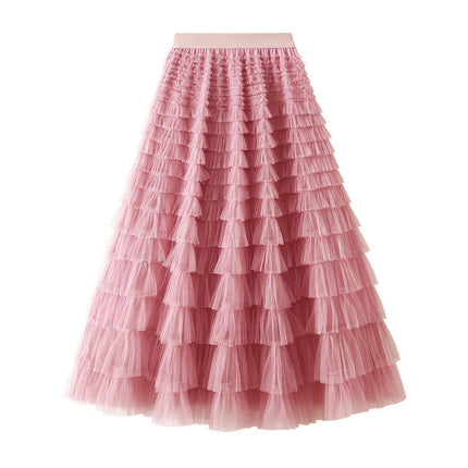 Long Tulle Skirt for Women Trendy High Waisted A Line Fluffy Mesh Layered Ruffle Fairy Skirt
