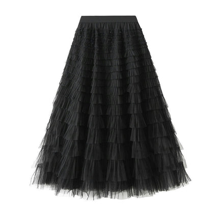 Long Tulle Skirt for Women Trendy High Waisted A Line Fluffy Mesh Layered Ruffle Fairy Skirt