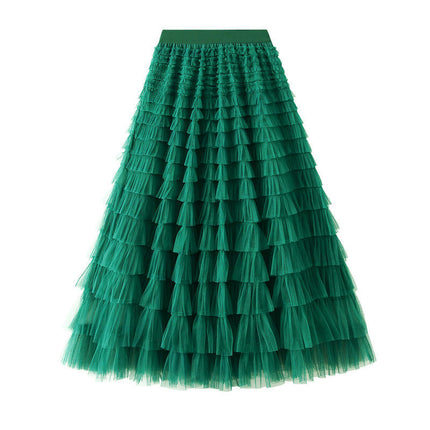 Long Tulle Skirt for Women Trendy High Waisted A Line Fluffy Mesh Layered Ruffle Fairy Skirt