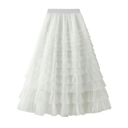 Long Tulle Skirt for Women Trendy High Waisted A Line Fluffy Mesh Layered Ruffle Fairy Skirt