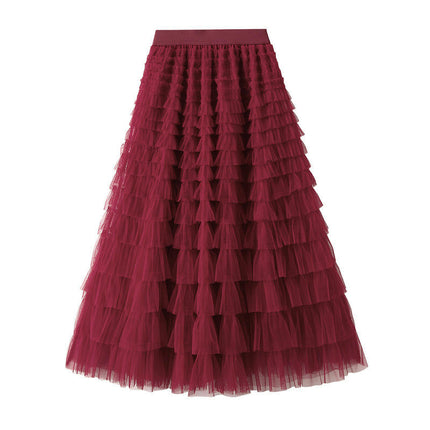 Long Tulle Skirt for Women Trendy High Waisted A Line Fluffy Mesh Layered Ruffle Fairy Skirt