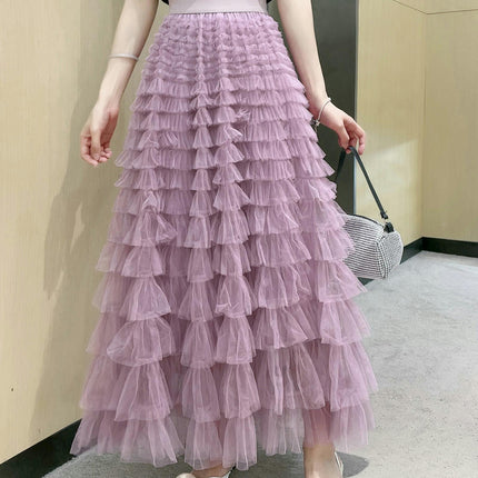 Long Tulle Skirt for Women Trendy High Waisted A Line Fluffy Mesh Layered Ruffle Fairy Skirt