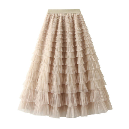 Long Tulle Skirt for Women Trendy High Waisted A Line Fluffy Mesh Layered Ruffle Fairy Skirt