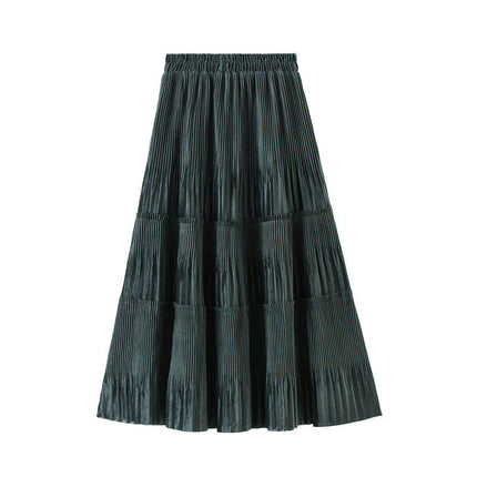 Women's High Elastic Waist Velvet Midi Pleated Swing Ruffled Skirt