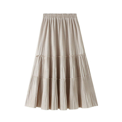 Women's High Elastic Waist Velvet Midi Pleated Swing Ruffled Skirt