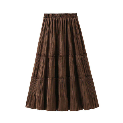 Women's High Elastic Waist Velvet Midi Pleated Swing Ruffled Skirt