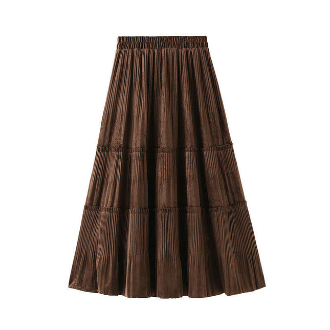 Women's High Elastic Waist Velvet Midi Pleated Swing Ruffled Skirt
