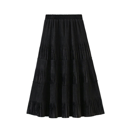 Women's High Elastic Waist Velvet Midi Pleated Swing Ruffled Skirt
