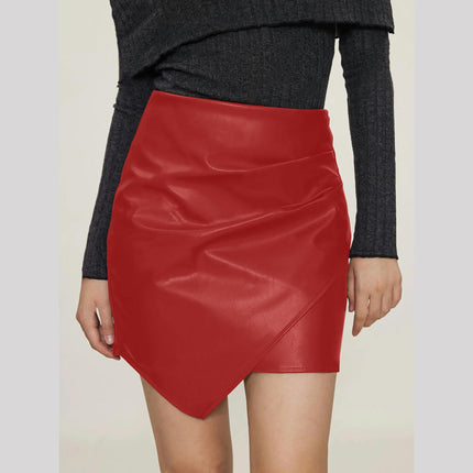 Women PU Faux Leather Bodycon Short Skirt Asymmetrical Ruched Mini Skirt