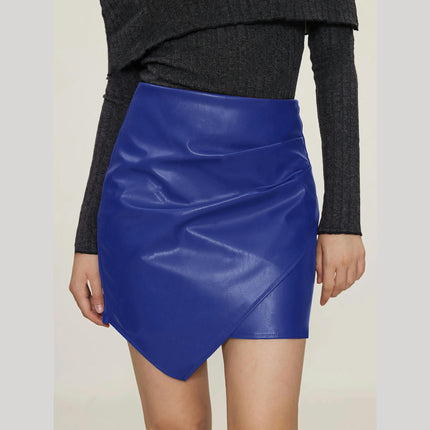 Women PU Faux Leather Bodycon Short Skirt Asymmetrical Ruched Mini Skirt