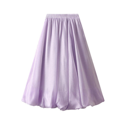 Women's Bubble Skirt Elastic Waist Pleated Lustrous Balloon Ruffle A Line Flowy Midi Skirts