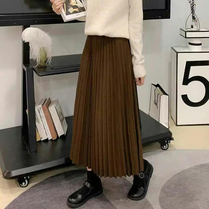 Women's Fall Winter High Waist Pleated A-Line Midi Skirt