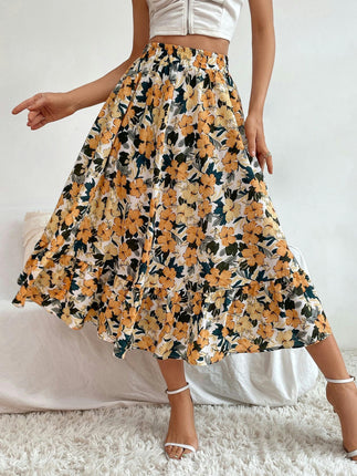 Women's Summer Boho Floral Printed Elastic Waist Ruffle A Line Midi Skirt