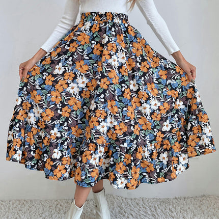 Women's Summer Boho Floral Printed Elastic Waist Ruffle A Line Midi Skirt